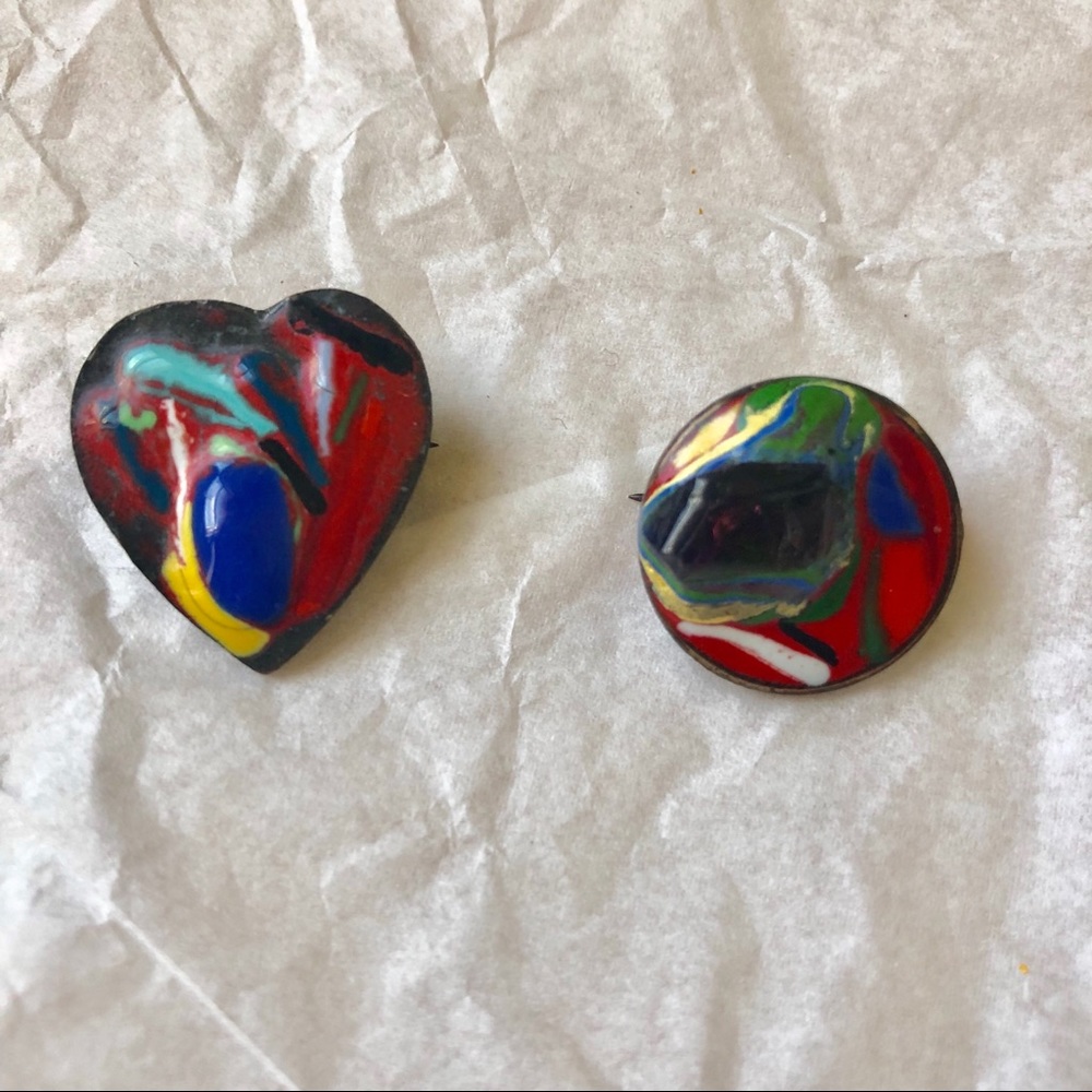 Set of 2 VTG BoHo handmade enamels brooches